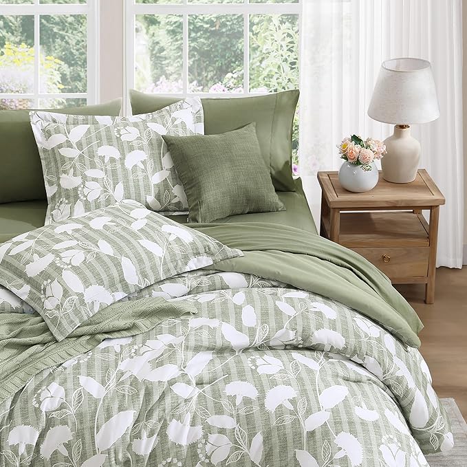 King Comforter Set -7 Pieces Sage Green Floral Comforter Set for All Seasons, Bed in a Bag King with Botanical Flowers Comforter, Sheets, Pillowcases & Shams