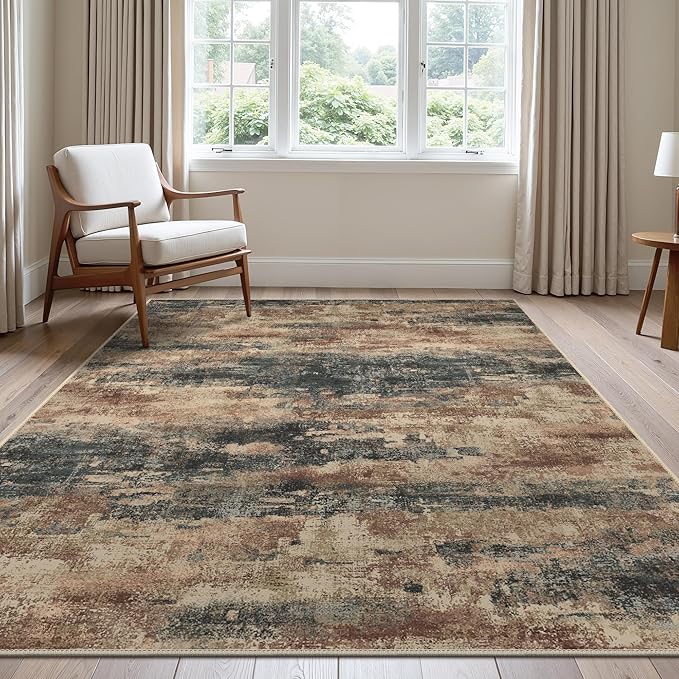 Area Rugs 10x12 for Living Room Bedroom, Modern Abstract Machine Washable Rug, Large Soft Low Pile Floor Cover with Non Slip Backing for Dining Room, Stone Rust