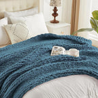 Carriediosa Chunky Knit Throw Blanket 50" X 60", 100% Hand Made Large Chenille Loop Yarn Soft Fluffy Throws for Couch Sofa Bed, Big Crochet Cozy Heavy Thick Cable Woven Blankets, Lyons Blue