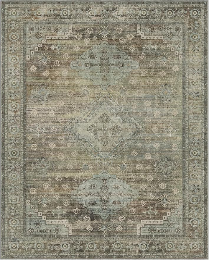 Area Rugs 9x12 for Living Room Bedroom, Modern Boho Machine Washable Large Distressed Light Greyish Sage Green Rug, Low Pile Floor Carpet with Non Slip Backing for Dining Room