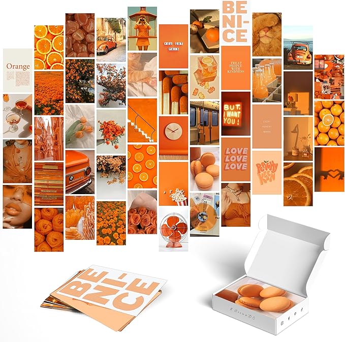 Y2K BOO Vibrant Orange Wall Collage Kit - 50 Aesthetic Posters for Room Decor, Perfect Dorm and Bedroom Wall Art, Trendy Orange Collage Kit for Teen Girls