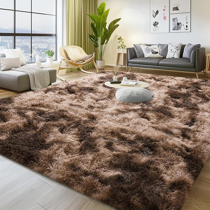 9x12 Large Area Rugs for Living Room, Ultra Fluffy Plush Rug for Living Room Bedroom, Thick Fluffy Carpet for Girls Boys Kids Room, Non Slip Dorm Rug for Home Decor Aesthetic, Tie-Dyed Coffee