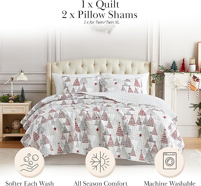 Southshore Fine Living, Inc. Twin Christmas Quilt Set w/Matching Pillow Sham, Reversible Holiday Bedding Set, Quilt Coverlet, Twin/XL, Cute Christmas Tree Design - Red, White & Silver