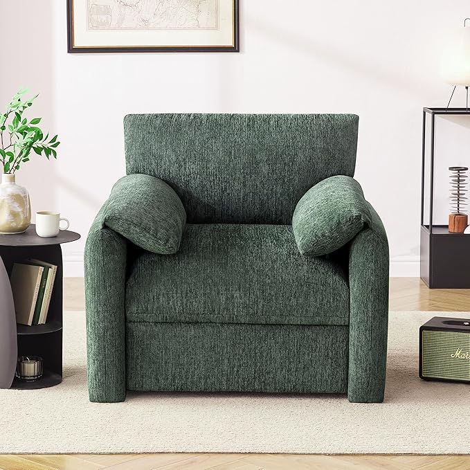 Chenille Oversized Armchair, 38.6" Wide Accent Chairs for Living Room & Bedroom Modern Lounge Chair, Upholstered Mid-Century Reading Chair, Comfy Living Room Chair, Single Sofa Chair, Green