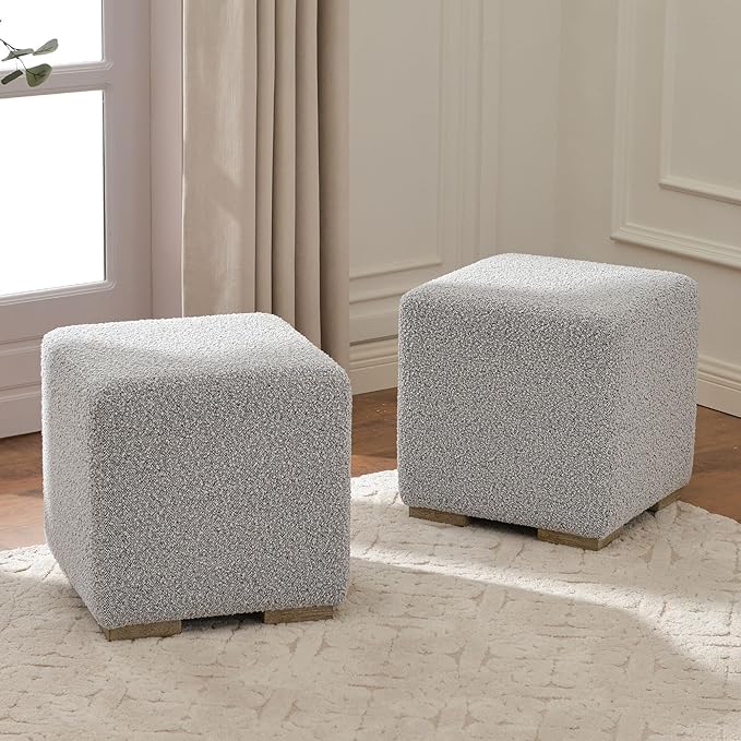 KINWELL 18.5" Wide Modern Square Boucle Upholstered Ottoman with Solid Wood Legs Set of 2, Cube Ottoman Multi-Functional Sofa Footrest for Living Room, Bedroom, Fully Assembled (Black and White)
