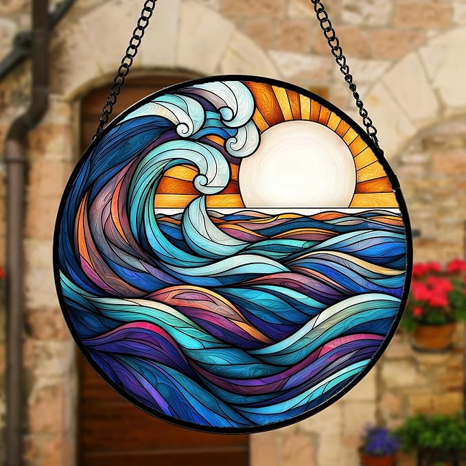 Stained Glass Window Hanging, Big Wave Sun Suncatcher Diamond Glass Panel Hangings Abstract Sun Catchers Decor for Birthday for Women, Men, Wife, Aunt, and Mom 9.8 in