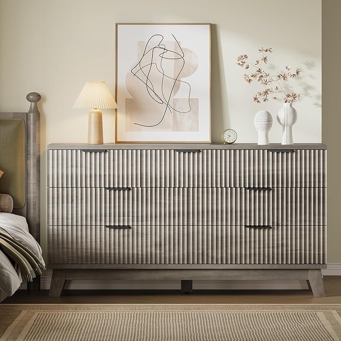 57" Long Dresser for Bedroom, 7-Drawer Fluted Chest, Wide Wood Storage Dresser with Metal Slides and Handles, Stable Base, Modern Clothes Organizer for Primary Suite, Guest Room, Nursery