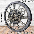 The B-Style Large Wall Clock 24 inch Moving Gear Wall Clock Oversized Vintage Farmhouse Wall Clocks for Living Room Decor Decorative Rustic Industrial Wood Clock (Carbon Gray)