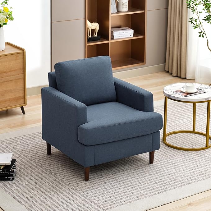 Mid-Century Accent Chair,Modern Linen Fabric Armchair for Living Room,Comfy Upholstered Reading Accent Chairs for Bedroom,Single Sofa Chair with Wood Legs (Blue Grey, 1 Pack)