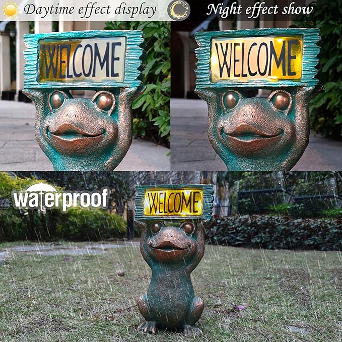 Frog Solar Welcome Garden Statues Outdoor Décor- Frog Figurines Solar LED Light Lawn Ornaments - Yard Decorations for Patio, Balcony, Backyard -Unique House Warming Gifts for Mom