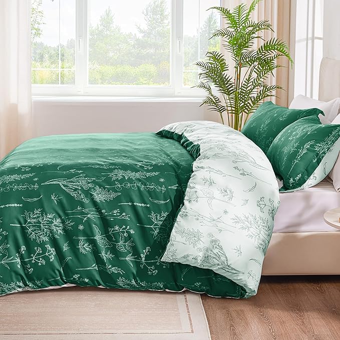 Love's cabin Emerald Twin Comforter Set - Twin XL Size Comforter Set Dorm Bedding, 2 Pieces Cute Floral Bedding, Soft Reversible Flowers Comforter, 1 Comforter & 1 Pillow Sham