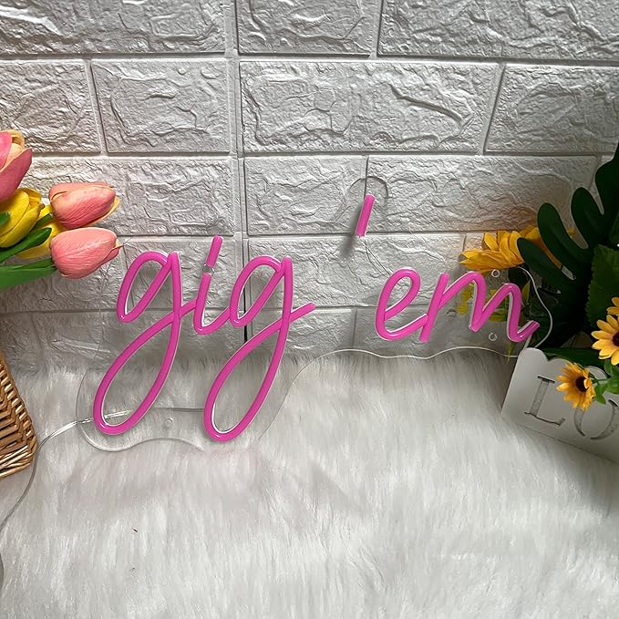 Gig‘em Aggies Neon Sign Pink LED Neon Light Signs for Wall Decor USB Operated Concert Girls Dorm Room Decoration Beauty Texas A&M University Wall Art Birthday Gifts for Women 16x9.69