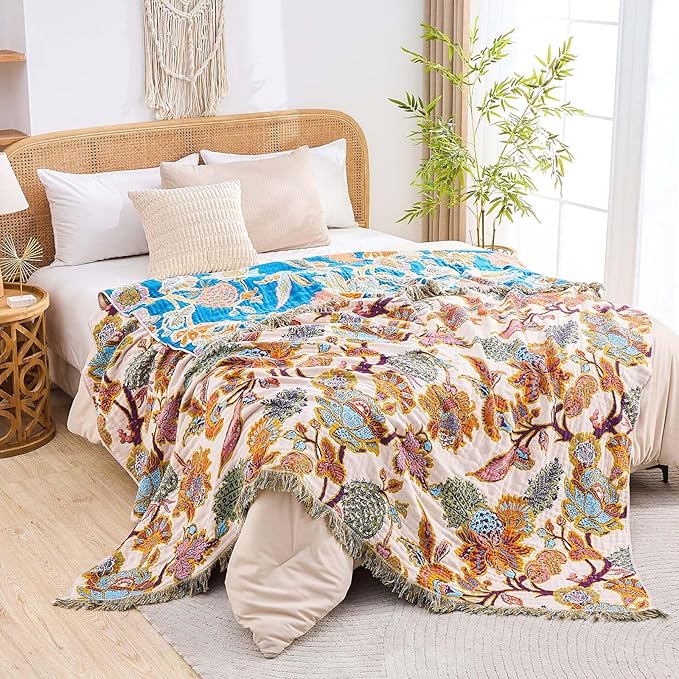 Boho Throw Blanket for Bed, 100% Cotton Soft Rustic Quilt Fall Blanket, 50"x60" Floral Printed Farmhouse Decor Bed Blankets, All Season Rustic Reversible Bohemian Throw Quilt