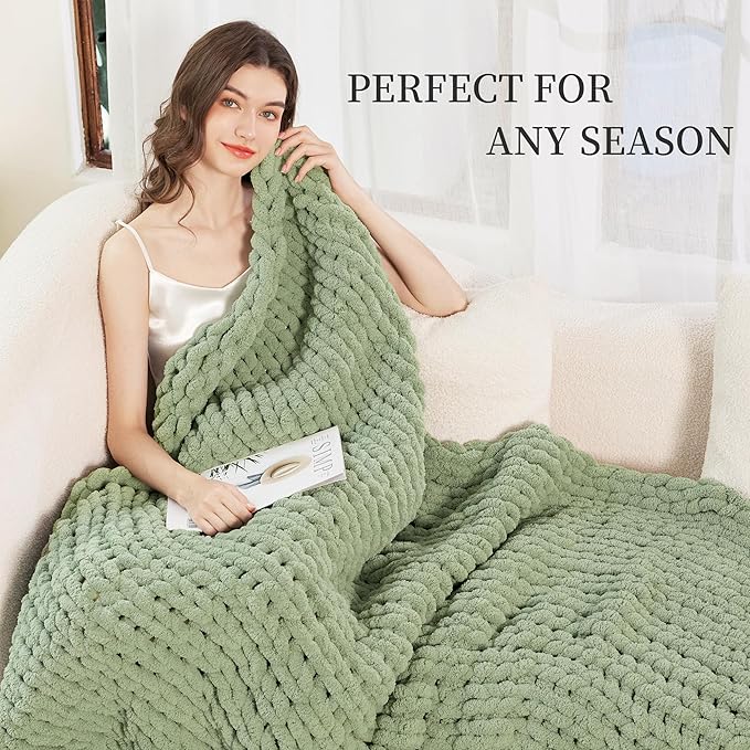 Admitrack Chunky Knit Blanket Throw, 100% Hand Knit Chenille Throw Blanket for Sofa & Home Decor, Soft and Cozy Knitted Throw Blankets (Sage Green，51"x63")