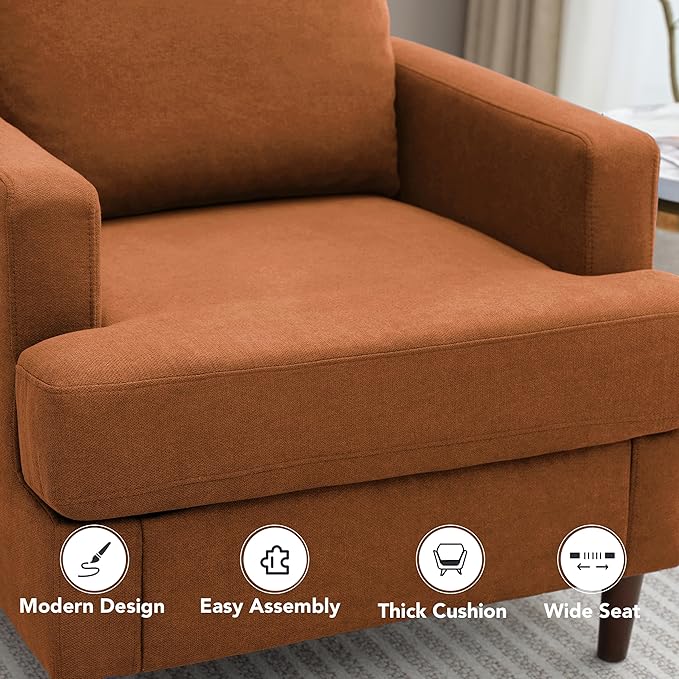 Mid-Century Accent Chair,Modern Linen Fabric Armchair for Living Room,Comfy Upholstered Reading Accent Chairs for Bedroom,Single Sofa Chair with Wood Legs (Orange, 1 Pack)