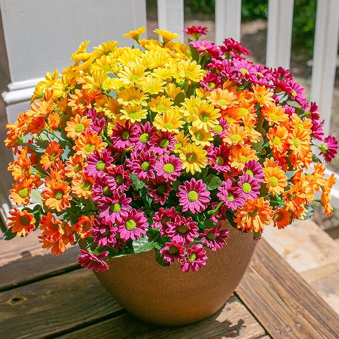 Daisy Artificial Flowers for Outdoors Fall Autumn Decoration, 6 Bundles Fake Mums Silk Flowers for Outside Look Real UV Resistant Fake Plants Faux Flowers for Planter Front Door Home Indoor Porch, Mix