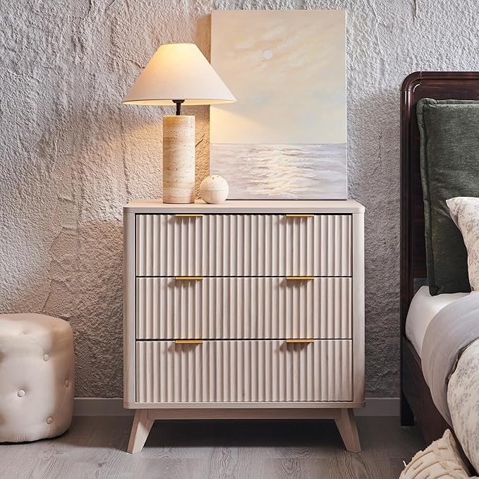 T4TREAM Fluted 3 Drawer Dresser, 32" Tall Modern Chest of Drawers, Curved Profile Design, Wood Drawer Organizer for Bedroom, Living Room, Hallway, Entryway, White Alder