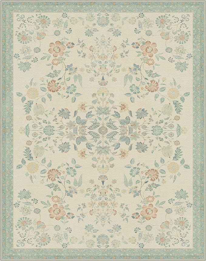GENIMO 8x10 Area Rugs for Living Room, Machine Washable Non Slip Vintage Rugs, Low Pile Lightweight Chenille Print Rug for Bedroom, Dining Room, Home Office, Beige/Green