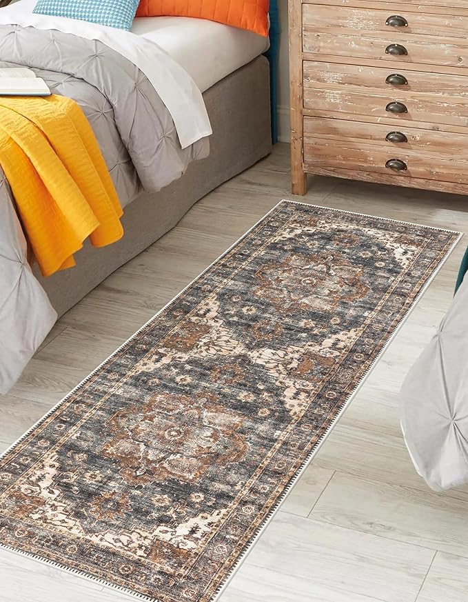 Keen Home Design 2x12 Rug - Machine Washable Runner with Non-Slip Backing, Ideal for Hallway, Entryway, Kitchen, Laundry Room - Vintage, Easy Clean, Durable, Low Pile Rug - (2'6" x 12')
