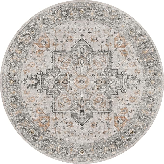 GENIMO 4FT Round Area Rugs for Living Room, Circle Rugs Machine Washable Low Pile, Chenille Non Slip Vintage Rug for Bedroom, Dining Room, Home Office, Light Taupe Brown
