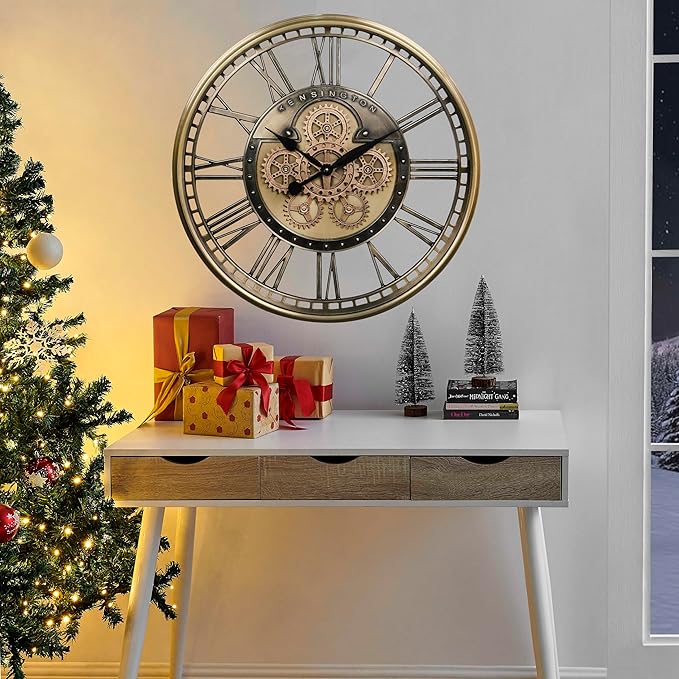 CLXEAST 28 Inch Gold Moving Gear Wall Clock for Modern Living Room Decor,Oversized Large Metal Roman Numeral Wall Clocks for Farmhouse Home Décor,House Warming Gifts New Home