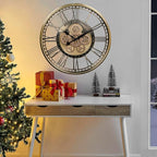 CLXEAST 28 Inch Gold Moving Gear Wall Clock for Modern Living Room Decor,Oversized Large Metal Roman Numeral Wall Clocks for Farmhouse Home Décor,House Warming Gifts New Home