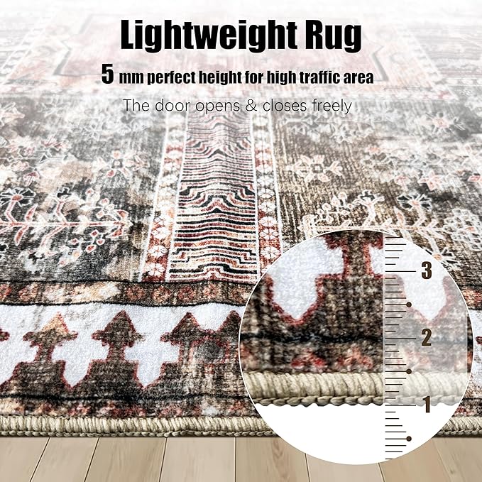 Vintage 2'6'' x 8' Washable Area Rug - Stylish Indoor Rug for Living, Dining or Bedroom - Lightweight Carpet with Non-Slip Backing - Foldable for Easy Placement and Maintenance - Ivory