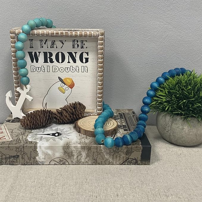 40" Handmade Farmhouse Bead Garland Wood with Tassel, Boho Chic Decorative String Beads Home Decor, Table Tiered Tray Country Wooden Accents