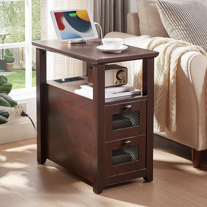 Farmhouse XXL End Table with Charging Station, Narrow Side Table with USB Ports and Outlets, Nightstand with 2 Drawers Storage, Bedside Tables for Living Room, Bedroom, Rustic Cherry