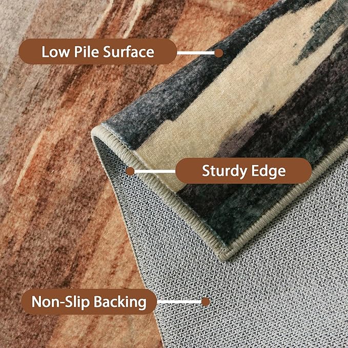 Area Rugs 8x10 Machine Washable Rug for Bedroom Living Room Dining Room, Large Modern Abstract Soft Rugs, Indoor Low Pile Carpet with Non Slip Rubber Backing, Ocher Brown