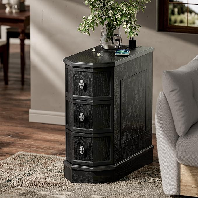 Nightstand with Charging Station, Vintage Wood End Table with 3 Drawer, Victoria Narrow Side Table, Slim Bedside Tables for Bedroom, Pre-Installation, Black