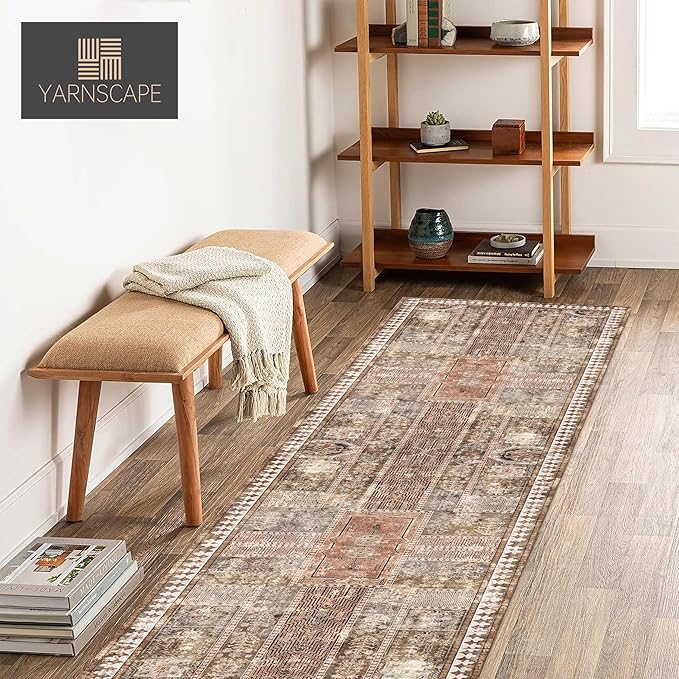 Vintage 2'6'' x 8' Washable Area Rug - Stylish Indoor Rug for Living, Dining or Bedroom - Lightweight Carpet with Non-Slip Backing - Foldable for Easy Placement and Maintenance - Ivory