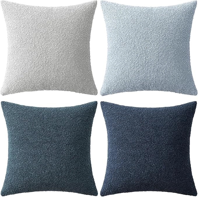 MIULEE Pack of 4 Decorative Textured Boucle Throw Pillow Covers 22x22 Inch Neutral Blue Accent Euro Sham Pillow Cases Couch Cushion Covers Modern Farmhouse Boho Chair Sofa Bed Livingroom Home Decor