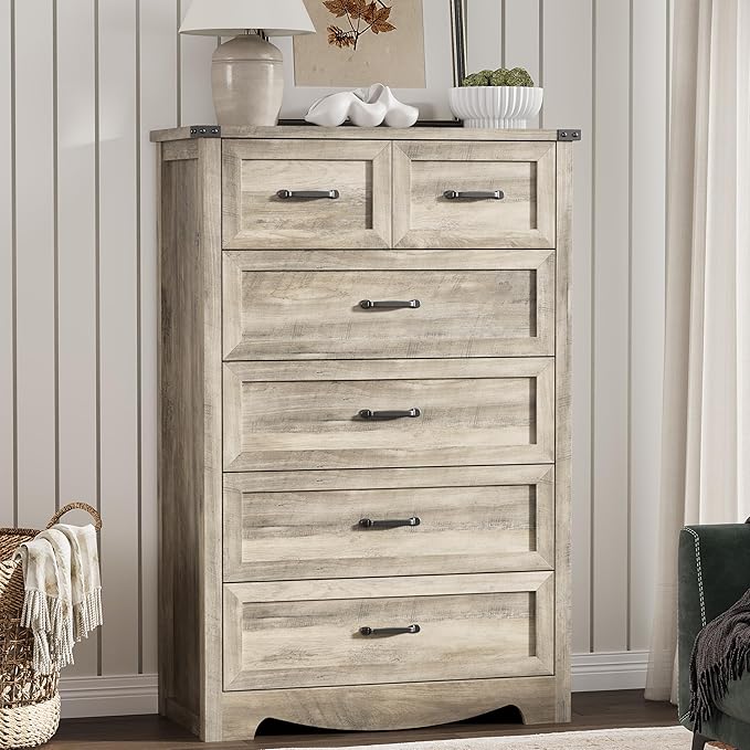 Dresser for Bedroom with 6 Drawers, 46" Tall Wood Chest of Drawers with Deep Drawers & Mental Handle, Modern Dresser TV Stand, Wooden Closet Storage Organizer for Living Room, Hallway, Entryway, Grey
