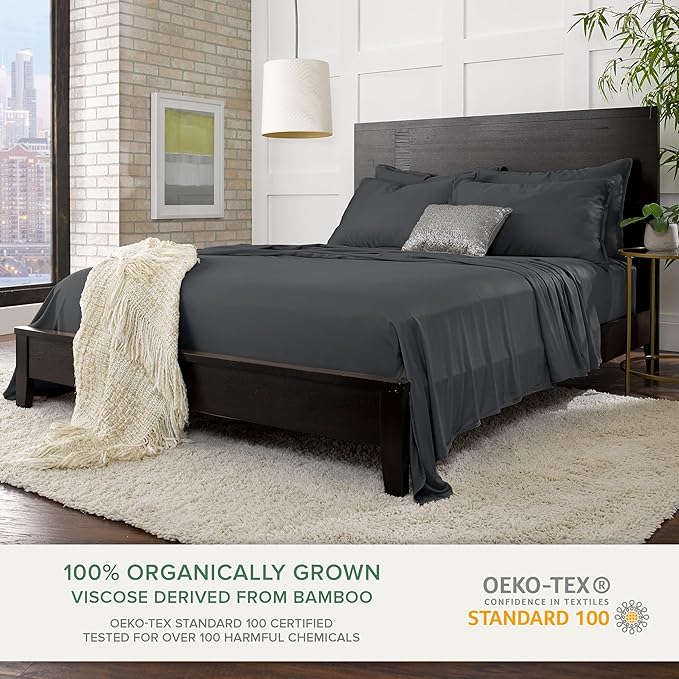 Full Sheets by Pure Bamboo, Genuine 100% Organic Viscose Derived from Bamboo Bed Sheet Set, Luxuriously Soft & Cooling, Double Stitching, 2 Year Quality Promise (Full, Charcoal)