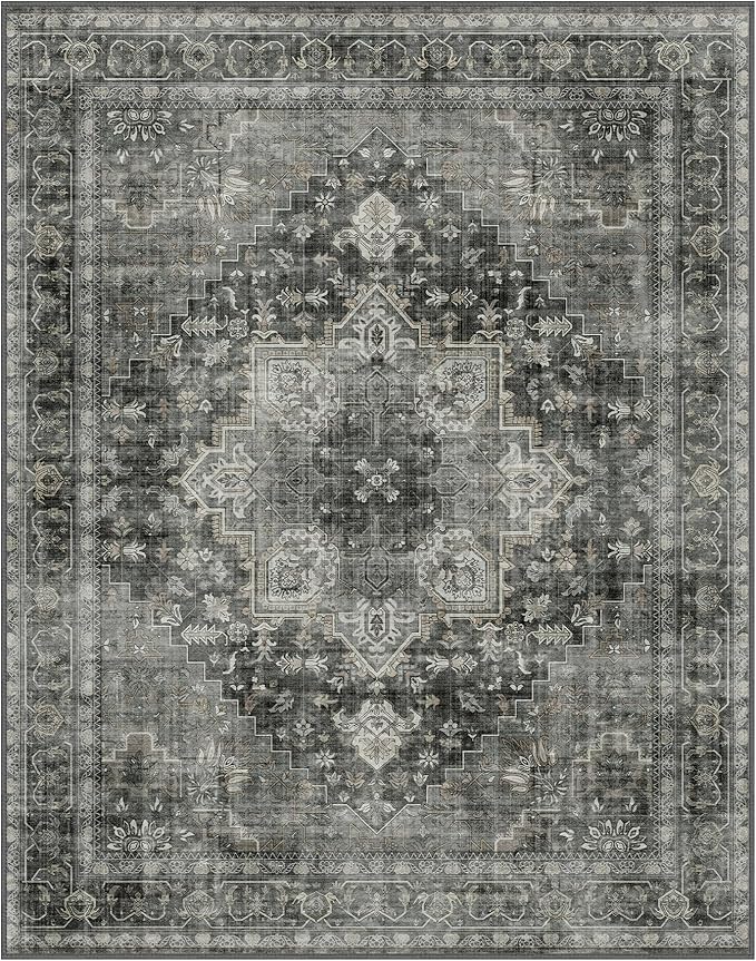 GENIMO 9x12 Area Rugs for Living Room, Machine Washable Non Slip Vintage Rugs, Low Pile Lightweight Chenille Print Rug for Bedroom, Dining Room, Home Office,Charcoal Gray