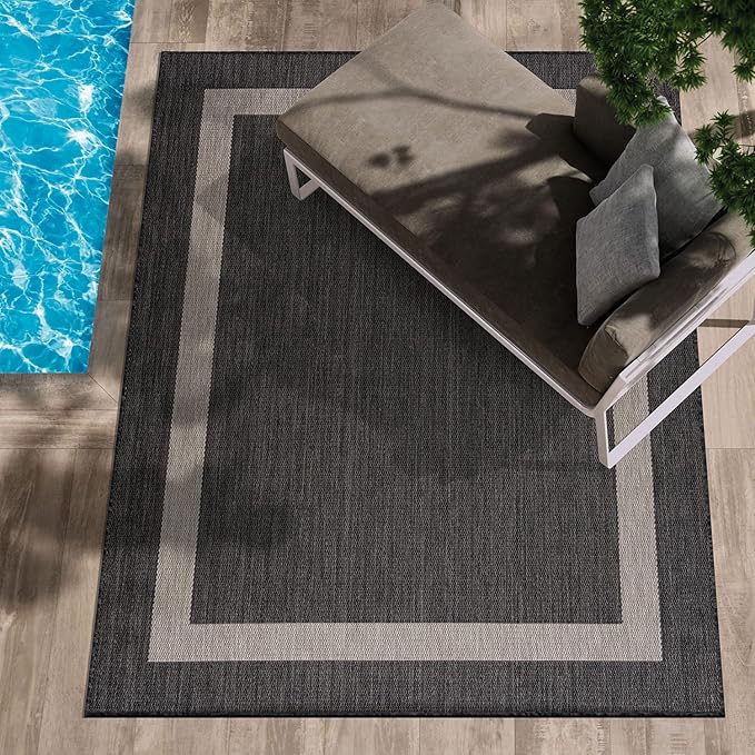 CAMILSON Outdoor Rug 10x14, Large Modern Outside Rugs for Patios Porches Waterproof Durable Washable Non-Shedding, Easy-to-Clean Indoor Outdoor Area Carpet (10 x 14, Bordered - Dark Gray/Light Gray)