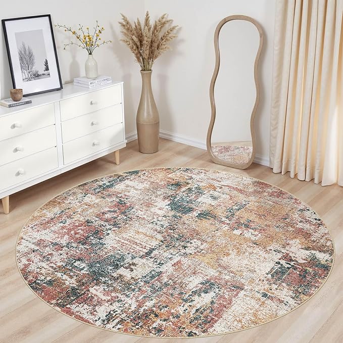 Tortania Washable 5' Round Area Rug for Living Room: Modern Abstract Neutral Large So' Thin Rugs - Non Slip Indoor Carpet for Bedroom Dining Room Office Nursery Home Floor Decoration - Colorful Multi