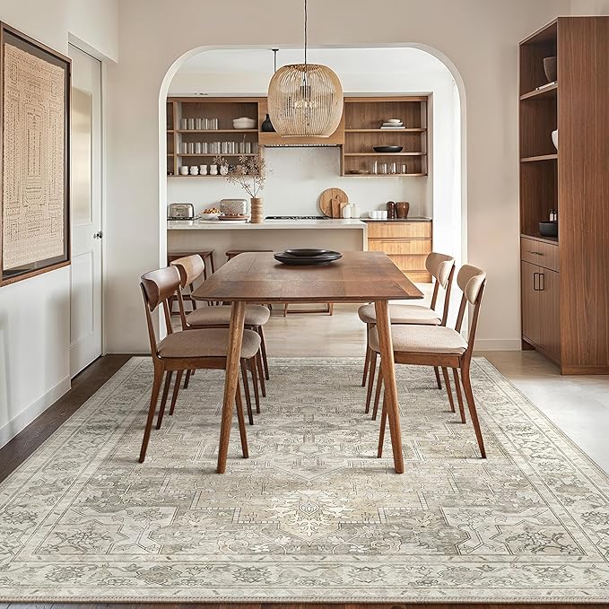 GENIMO 8x10 Area Rugs for Living Room, Machine Washable Non Slip Vintage Rugs, Low Pile Lightweight Chenille Print Rug for Bedroom, Dining Room, Home Office, Trench