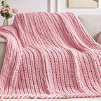 Chunky Knit Throw Blanket, 50''*60'' Knitted Throw Chenille Yarn for Bed Couch, Handmade Light Pink Crochet Big Thick Blanket, Machine Washable Cute Comfy Blanket for Home Decor