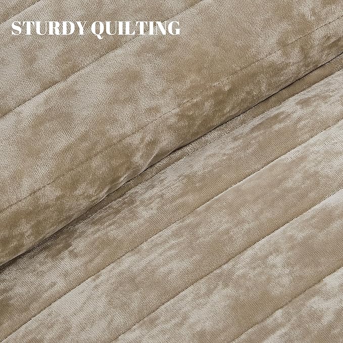 Qucover Velvet Quilt King Size Bedding Set, 106"x98" Oversized King Velvet Quilt and Sham Set, Luxury Cream Beige Striped Comforter, Ultra Soft Winter Quilted Bedspread Coverlet for All Seasons