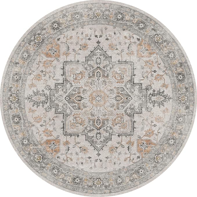 GENIMO 3FT Round Area Rugs for Living Room, Circle Rugs Machine Washable Low Pile, Chenille Non Slip Vintage Rug for Bedroom, Dining Room, Home Office, Light Taupe Brown
