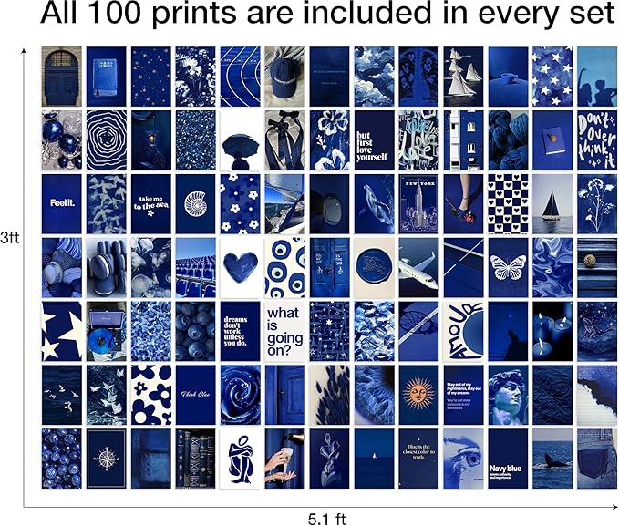Y2K BOO Dark Navy Aesthetic Wall Collage Kit - 100 Trendy Deep Blue Photos for Minimalist Room Decor, 4"x6" Modern Art Prints for Teen Bedroom, College Dorm & Apartment Wall Aesthetic
