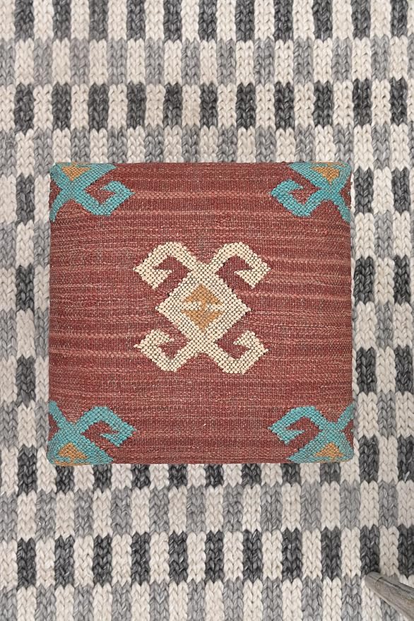 Handmade Jute Soft Ottomans Square Shape Stool for Sitting and Foot Rest with Wooden Legs, Entryway Modern Stool for Living Room, Bedroom, Hall (Red, L 15.74 x W 15.74 x H 14 inch)