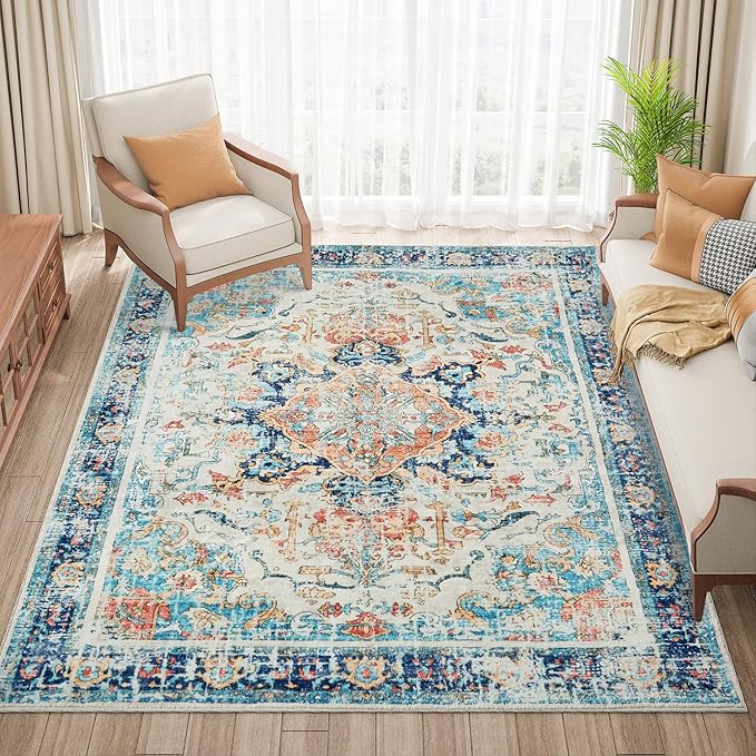 Topllen Washable Area Rug - 4'x6' Boho Living Room Rug, Non-Slip Soft Rugs Indoor for Bedroom Dining Room Office, Vintage Throw Carpet Stain Resistance (Multi, 4x6ft)