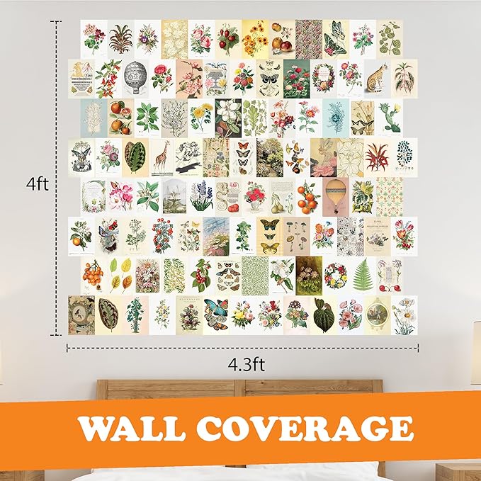 Artivo Wall Collage Kit Aesthetic Pictures, Vintage Wall Collage Kit 100 set 4x6, Bedroom Decor for Teen Girls, Botanical Flower Collage Kit for Wall Aesthetic Posters, Photo Collection