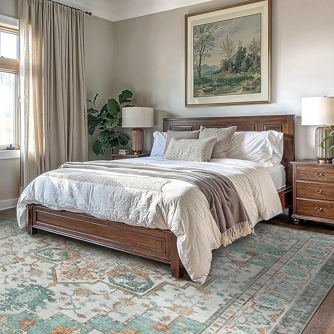 GENIMO 6x9 Area Rugs for Living Room, Machine Washable Non Slip Vintage Rugs, Low Pile Lightweight Chenille Print Rug for Bedroom, Dining Room, Home Office, Cyan