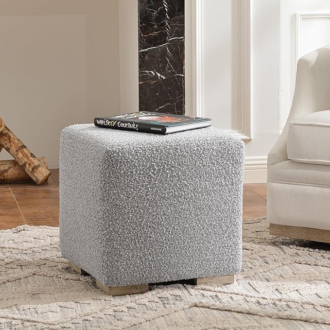 KINWELL 18.5" Wide Modern Square Boucle Upholstered Ottoman with Solid Wood Legs, Cube Ottoman Multi-Functional Sofa Footrest, Extra Seating for Living Room, Bedroom, Fully Assembled (Black and White)