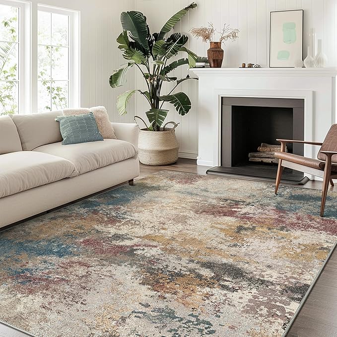 Area Rugs 6x9 Machine Washable Area Rugs for Living Room Bedroom Dining Room, Large Modern Abstract Colorful Soft Rugs, Indoor Low Pile Carpet with Non Slip Rubber Backing, Multi Beige