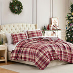Southshore Fine Living King Size Christmas Quilt with 2 Pillow Shams - Reversible Plaid Coverlet - Red Plaid